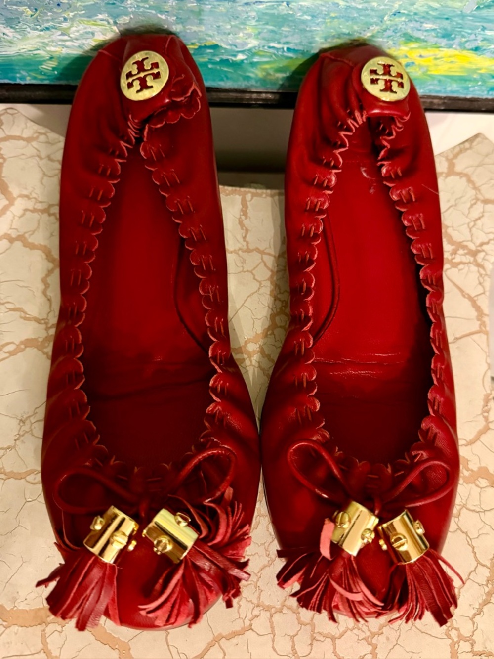 Tory Burch Red Leather Tassel Ballet Flats with Gold Logo